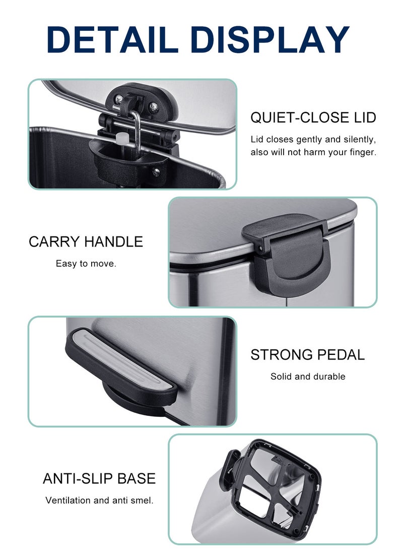 Noon East Waste Bin 12 Liter Brushed Stainless Steel Trash Can, Square Pedal Recycle Bin with Lid and Inner Buckets, Hands-Free Steel Step Garbage Can for Home Office Rub - Image 3