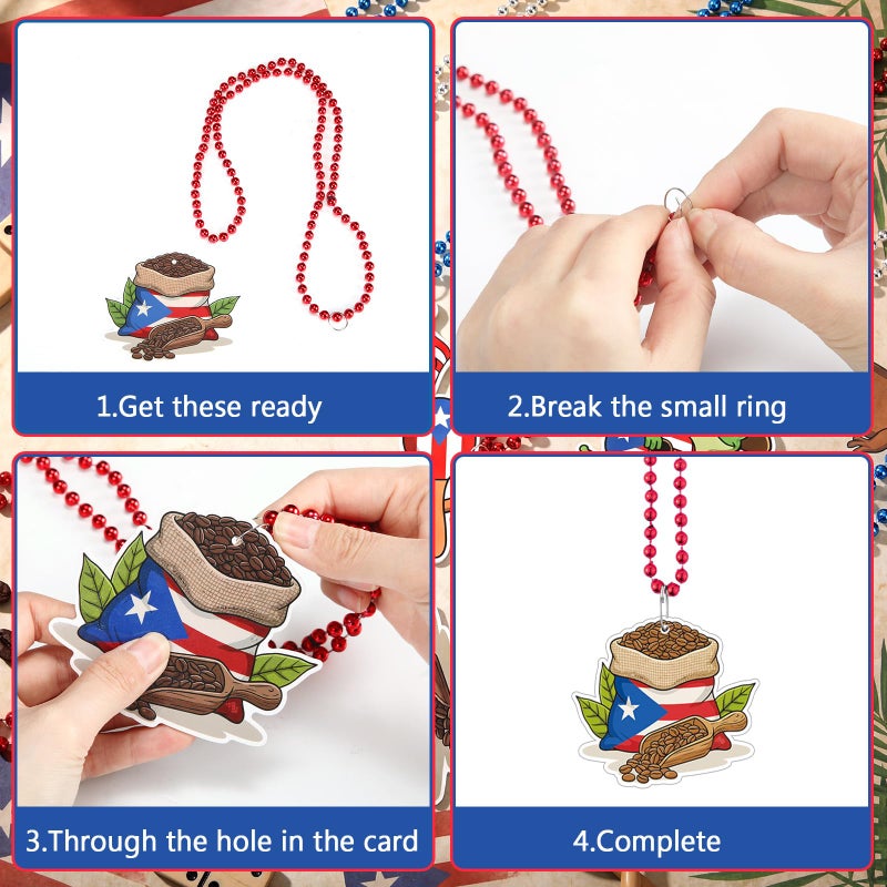 Kenning 48 Sets Puerto Rico Beaded Necklaces 12 Styles Cards Puerto Rico Charms Souvenirs Gifts Pr Flag Party Favors Necklaces Bulk for Pr Patriotic Anniversary National Day Decorations - Image 3