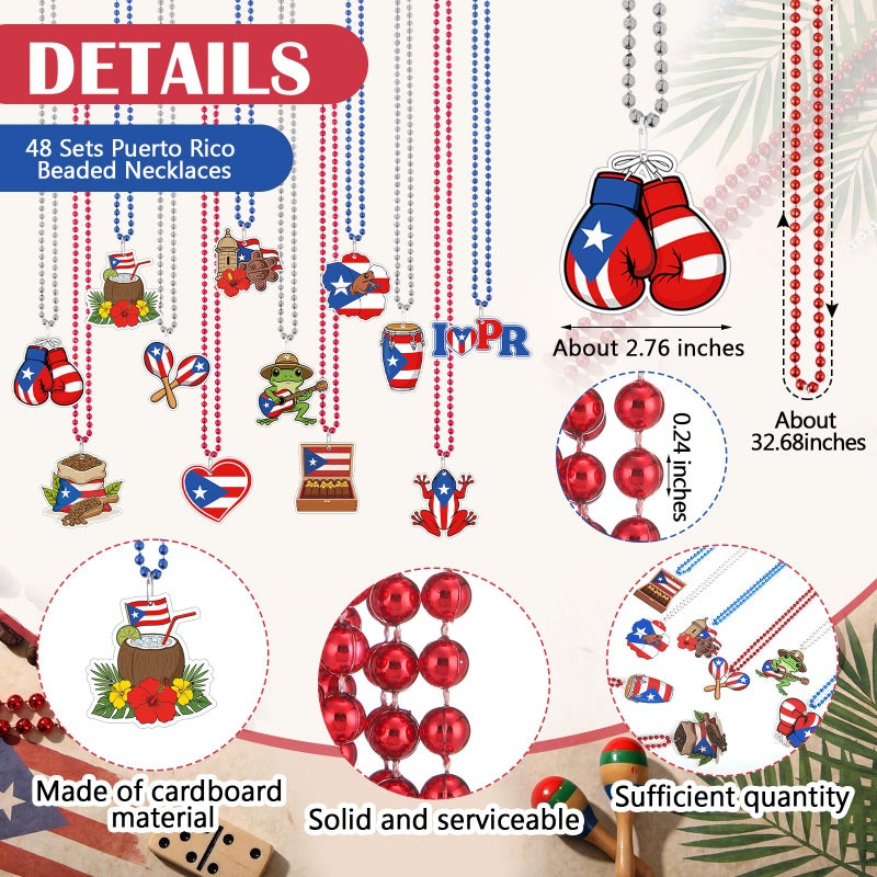 Kenning 48 Sets Puerto Rico Beaded Necklaces 12 Styles Cards Puerto Rico Charms Souvenirs Gifts Pr Flag Party Favors Necklaces Bulk for Pr Patriotic Anniversary National Day Decorations - Image 2