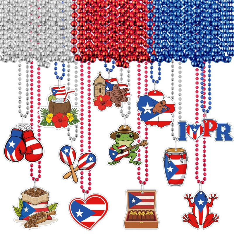 Kenning 48 Sets Puerto Rico Beaded Necklaces 12 Styles Cards Puerto Rico Charms Souvenirs Gifts Pr Flag Party Favors Necklaces Bulk for Pr Patriotic Anniversary National Day Decorations - Image 1
