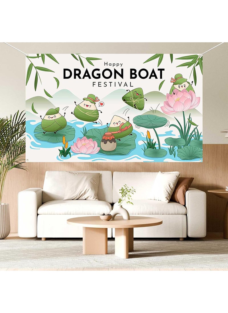 Ticuenicoa Ticuenicoa Happy Dragon Boat Festival Banner  708x433in Lotus Leaves Lotus Flowers and Zongzi Design Vibrant Colors for Festive Decor  - Image 4