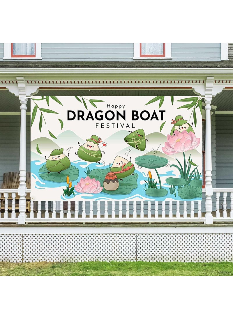 Ticuenicoa Ticuenicoa Happy Dragon Boat Festival Banner  708x433in Lotus Leaves Lotus Flowers and Zongzi Design Vibrant Colors for Festive Decor  - Image 2