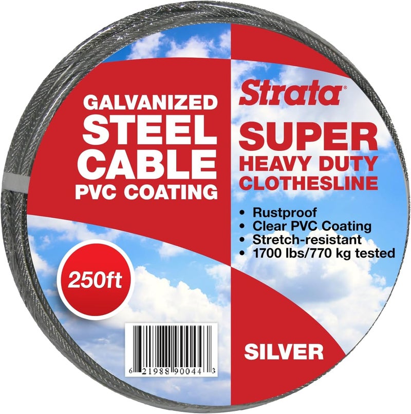 Strata Super Heavy Duty Clothes Line Outdoor – 250 FT Rustproof & PVC-Coated Clothesline Wire, Gentle on Laundry, Easy to Install, Durable Cable – Perfect for Outdoor Drying (Silver - Image 1