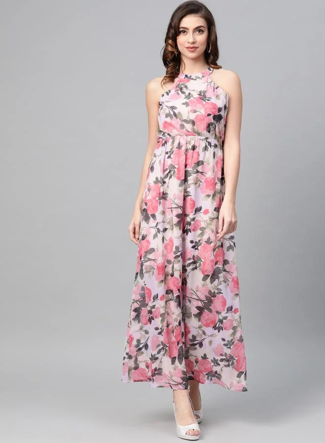 Sassafras Floral Print Halter Neck Maxi Dress