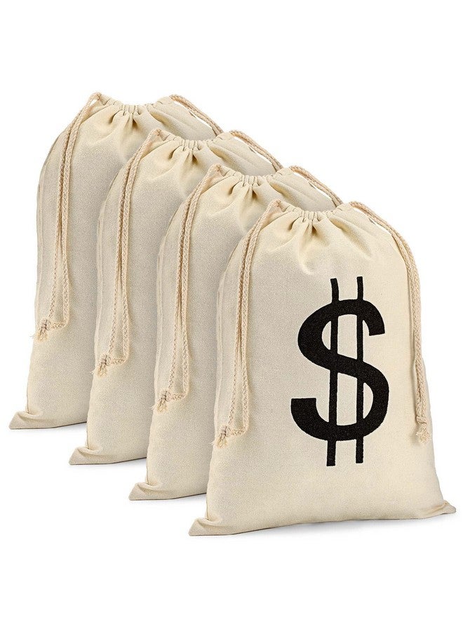 LEIFIDE 4 Pcs Canvas Money Bag Pouch with Drawstring Dollar Sign Carrying Sack Costume Props Canvas Coin Bag for Halloween Cosplay(11.4 x 15.3 Inch) - Image 1