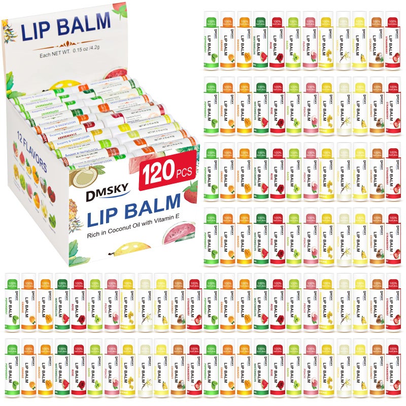DMSKY 120 Pack Lip Balm Natural Lip Balm Bulk with Vitamin E and Coconut Oil Moisturizing Lip Balms for Chapped Lips12 Flavors