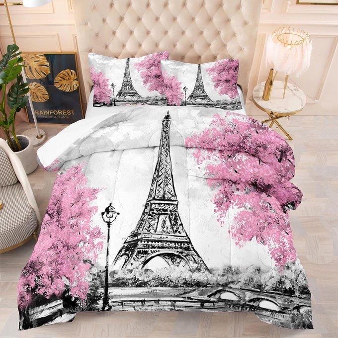 PINK PARIS COMFORTER SET FULL SIZE EIFFEL TOWER FLOWER FRENCH STYLE BEDDING SETS FOR GIRLS WOMEN KIDS QUILTED DUVET 1 COMFORTER 2 PILLOW CASES
