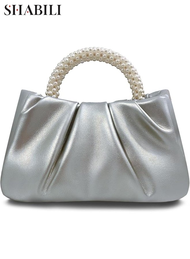 SHABILI Women Shoulder Bag Tote Satchel, Ladies Crossbody Sling Bag, Pearl Handle PU Leather Clutch Evening Banquet Bag Capacity Magnetic Closure for Daily Casual Travel Party College Student (Silver) - Image 1