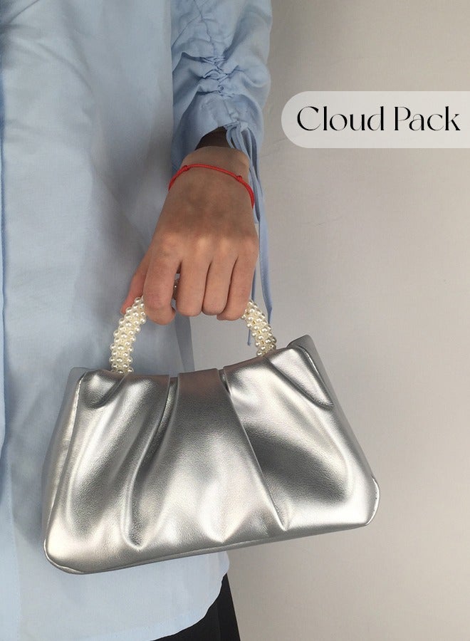 SHABILI Women Shoulder Bag Tote Satchel, Ladies Crossbody Sling Bag, Pearl Handle PU Leather Clutch Evening Banquet Bag Capacity Magnetic Closure for Daily Casual Travel Party College Student (Silver) - Image 2