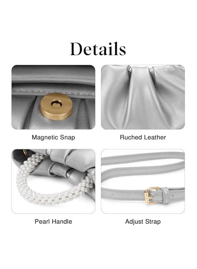 SHABILI Women Shoulder Bag Tote Satchel, Ladies Crossbody Sling Bag, Pearl Handle PU Leather Clutch Evening Banquet Bag Capacity Magnetic Closure for Daily Casual Travel Party College Student (Silver) - Image 3