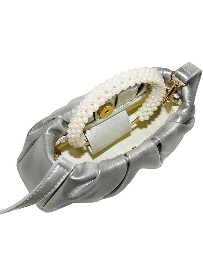 SHABILI Women Shoulder Bag Tote Satchel, Ladies Crossbody Sling Bag, Pearl Handle PU Leather Clutch Evening Banquet Bag Capacity Magnetic Closure for Daily Casual Travel Party College Student (Silver) - Image 4