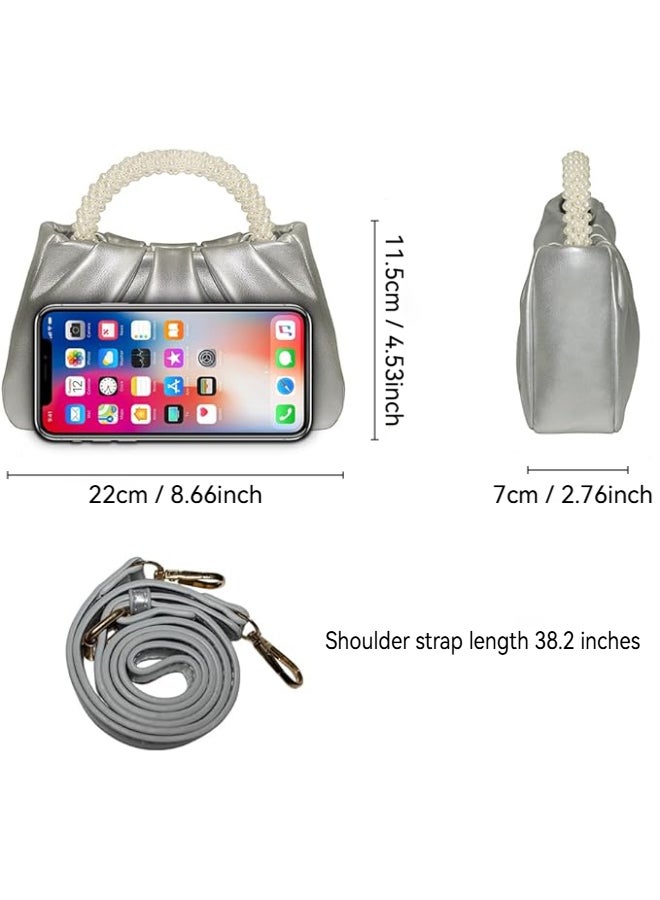 SHABILI Women Shoulder Bag Tote Satchel, Ladies Crossbody Sling Bag, Pearl Handle PU Leather Clutch Evening Banquet Bag Capacity Magnetic Closure for Daily Casual Travel Party College Student (Silver) - Image 5