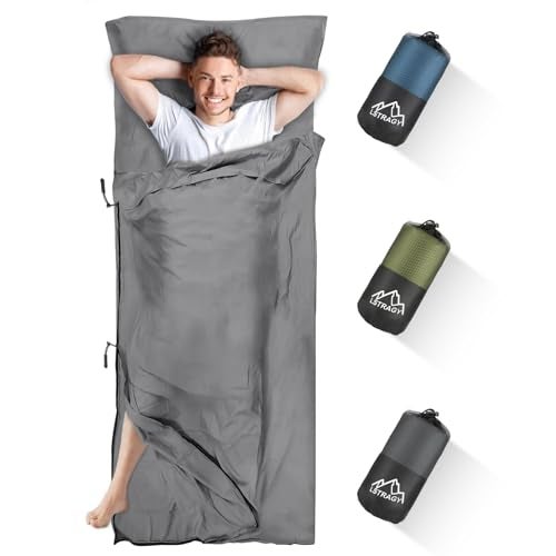 LSTRAGY Sleeping Bag Liner, Updated Adult Sleep Sack & Travel Sheets with Foot Zipper, Lightweight and Portable Camping Sleeping Bag Liners - Ideal for Backpacking, Hostels and Camping(Gray) - Image 1