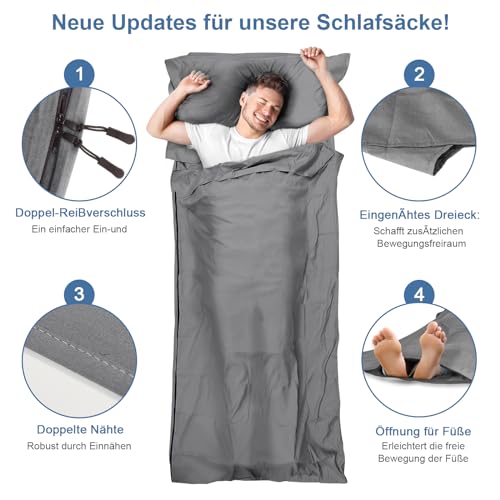 LSTRAGY Sleeping Bag Liner, Updated Adult Sleep Sack & Travel Sheets with Foot Zipper, Lightweight and Portable Camping Sleeping Bag Liners - Ideal for Backpacking, Hostels and Camping(Gray) - Image 2