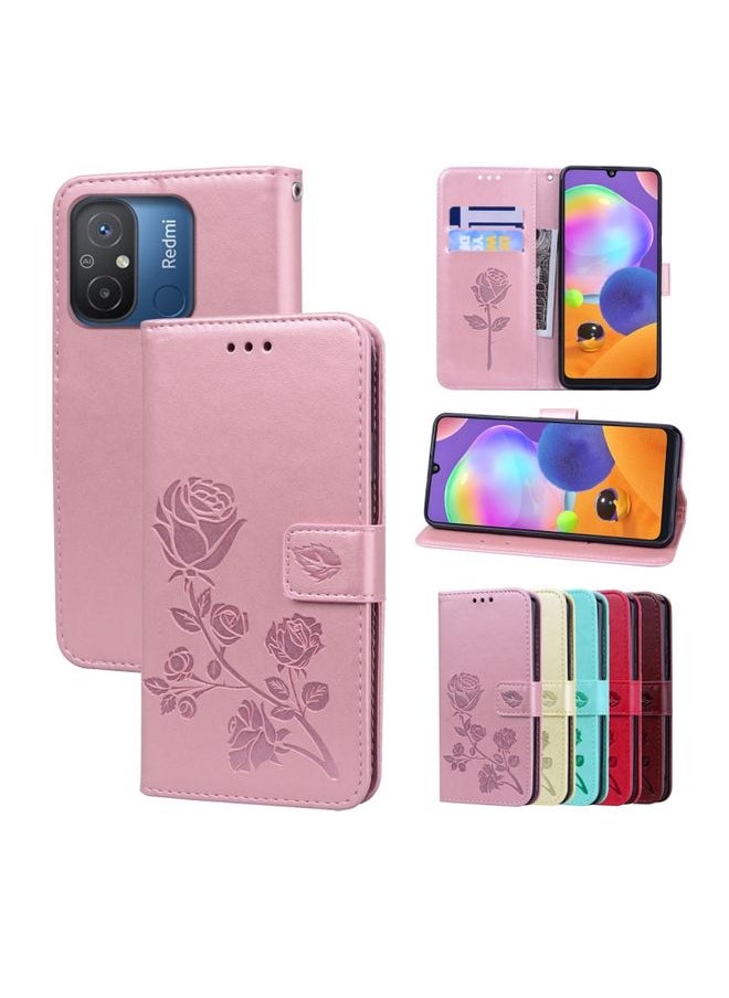 HuHa Case Cover For Xiaomi Redmi 12C/11A 4G Global/Poco C55 Rose Embossed Flip PU Leather Phone Case Rose Gold 