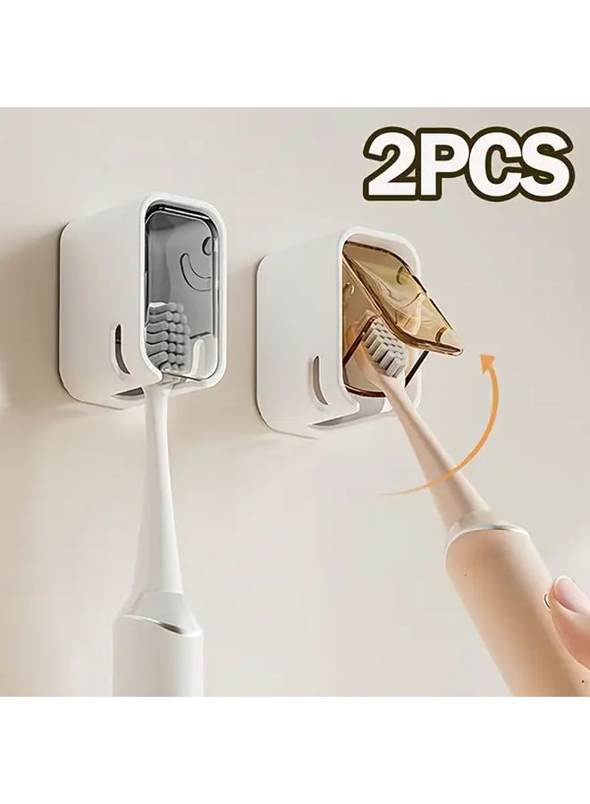 Gray Wall Mounted No Drill Toothbrush Holder With Lid Holds 3 Brushes Bathroom Organizer - Image 1