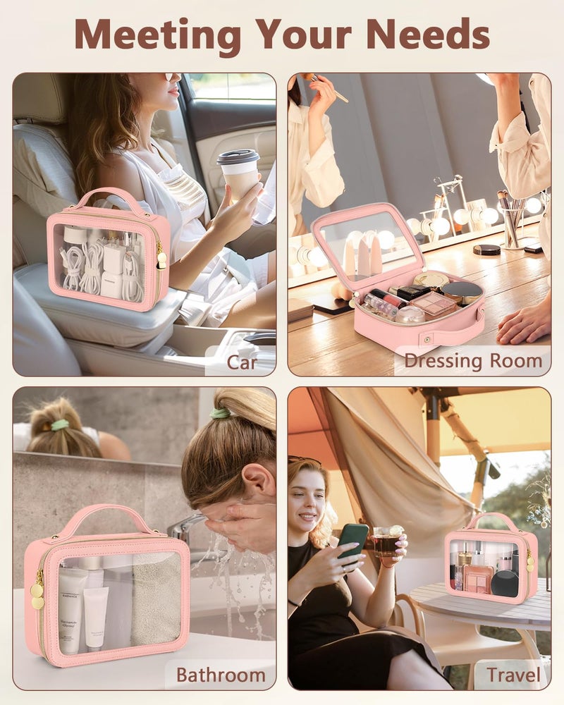 Soimeat Clear Makeup Bag, Portable Travel Cosmetic Bags, Multipurpose Leather Toiletry Bag with Zipper, Waterproof Transparent Cosmetic Organizer for Women, Medium, Pink - Image 4