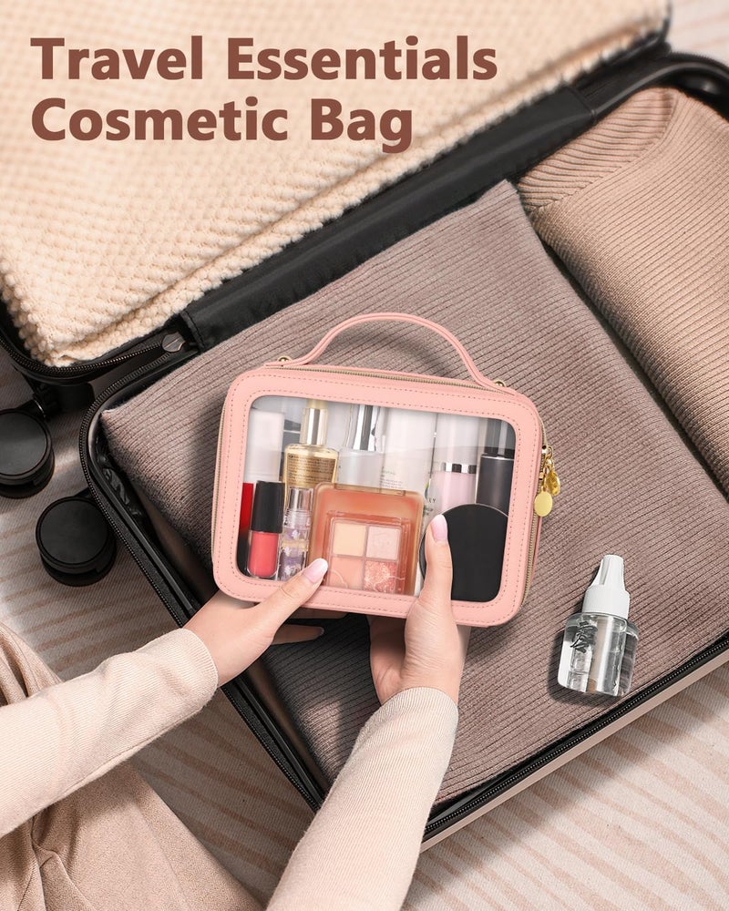 Soimeat Clear Makeup Bag, Portable Travel Cosmetic Bags, Multipurpose Leather Toiletry Bag with Zipper, Waterproof Transparent Cosmetic Organizer for Women, Medium, Pink - Image 3