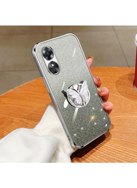 For OPPO A17 Plated Gradient Glitter Butterfly Holder TPU Phone Case(Silver)
