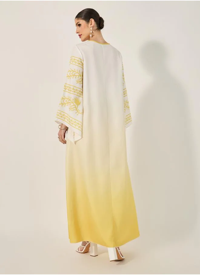 Styli ombre placement print jalabiya with flared sleeves