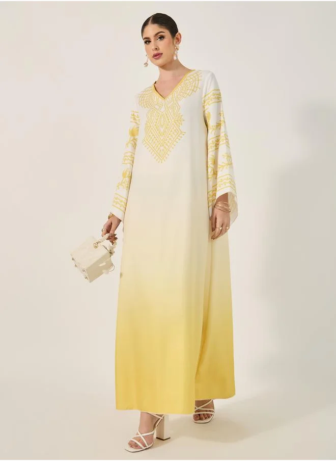 Styli ombre placement print jalabiya with flared sleeves