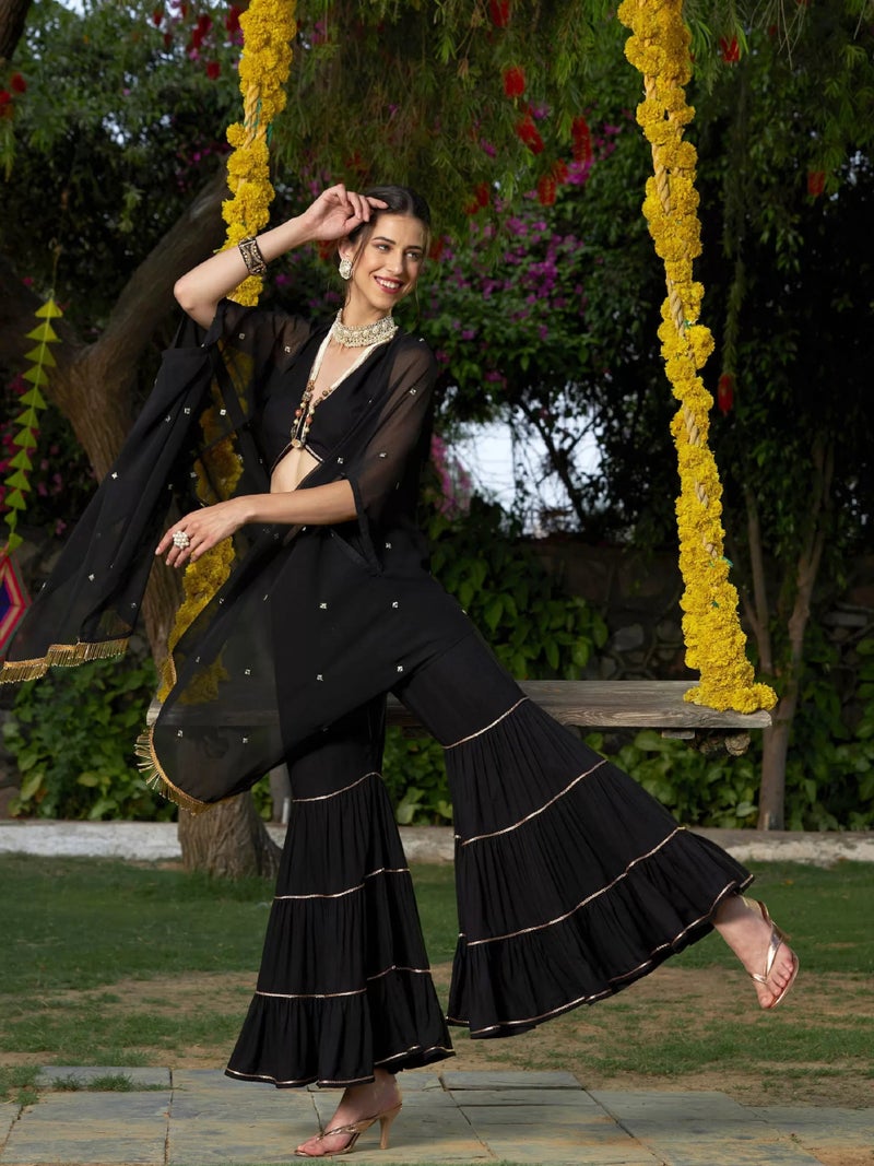 PRASHA Women Black Crop Top With Tiered Sharara And Emb Cape - Image 1