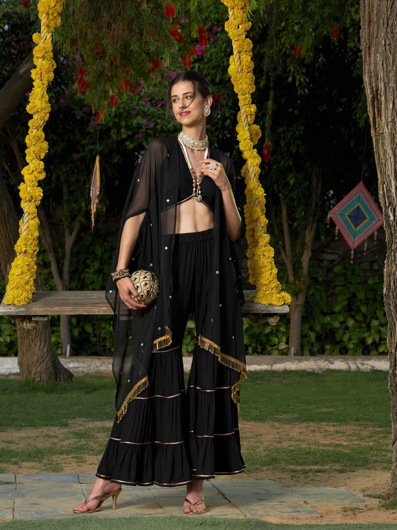 PRASHA Women Black Crop Top With Tiered Sharara And Emb Cape - Image 2