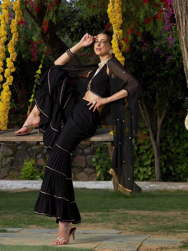 PRASHA Women Black Crop Top With Tiered Sharara And Emb Cape - Image 3