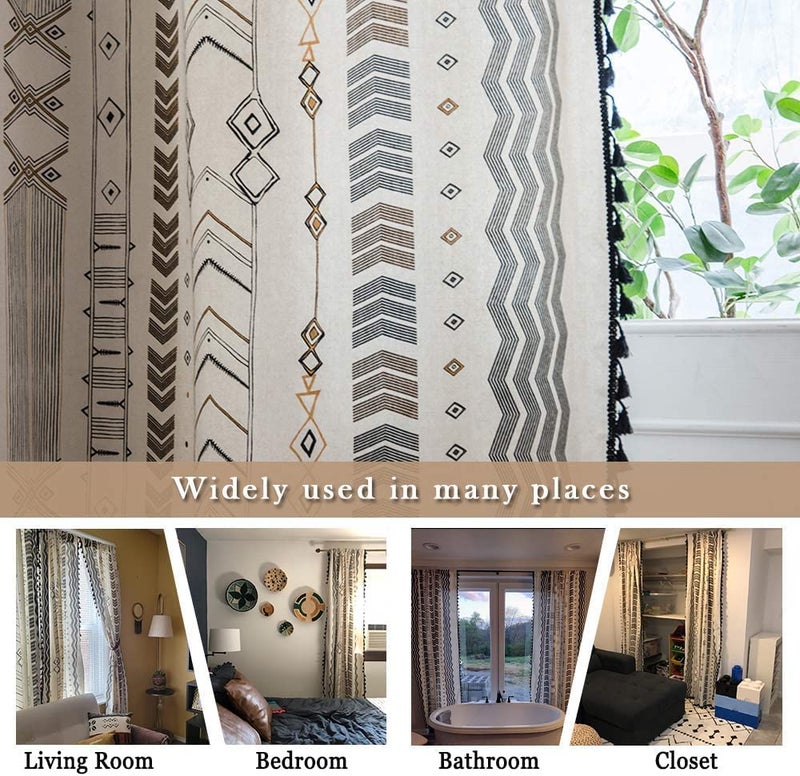 ColorBird Boho Curtains Geometric Light Filtering Semi-Blackout Window Curtains 2 Panels Cotton Linen Darkening Curtains with Black Tassel Rod Pocket Drapes for Living Bedroom  59W x 63L Inch  1 Pair - Image 5