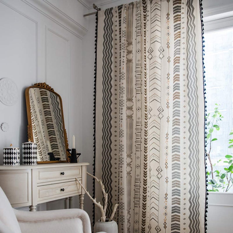 ColorBird Boho Curtains Geometric Light Filtering Semi-Blackout Window Curtains 2 Panels Cotton Linen Darkening Curtains with Black Tassel Rod Pocket Drapes for Living Bedroom  59W x 63L Inch  1 Pair - Image 2