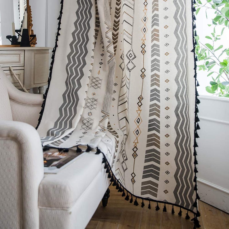 ColorBird Boho Curtains Geometric Light Filtering Semi-Blackout Window Curtains 2 Panels Cotton Linen Darkening Curtains with Black Tassel Rod Pocket Drapes for Living Bedroom  59W x 63L Inch  1 Pair - Image 1