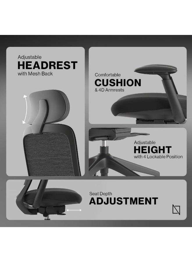 Navodesk NIO Ergonomic Chair, Premium, Office & Computer Chair with Lumbar Support, Adjustable Seat (All Black) - Image 4