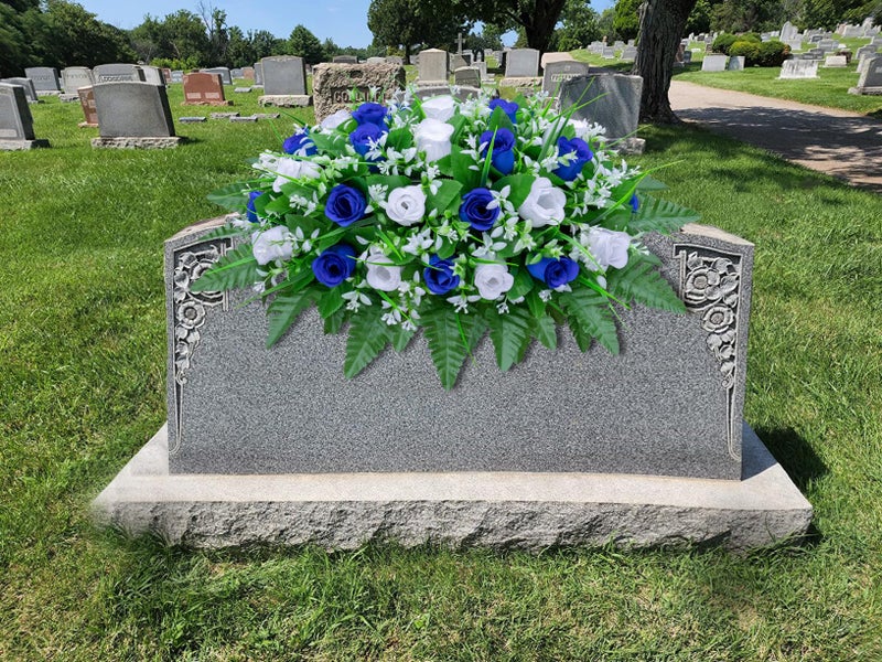 LVXINLI Artificial Cemetery Flowers Saddle-Shaped Tombstone Decorations Non-Fading UV-Resistantï¼ˆBlue+White Saddle ï¼‰ - Image 2