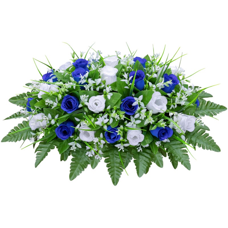 LVXINLI Artificial Cemetery Flowers Saddle-Shaped Tombstone Decorations Non-Fading UV-Resistantï¼ˆBlue+White Saddle ï¼‰ - Image 1