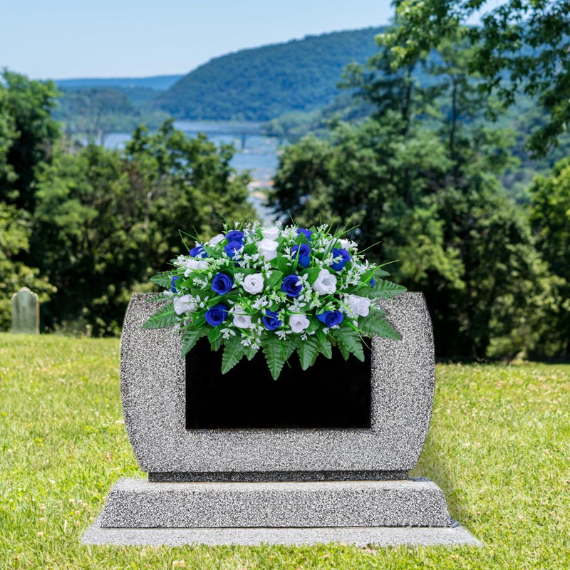 LVXINLI Artificial Cemetery Flowers Saddle-Shaped Tombstone Decorations Non-Fading UV-Resistantï¼ˆBlue+White Saddle ï¼‰ - Image 3