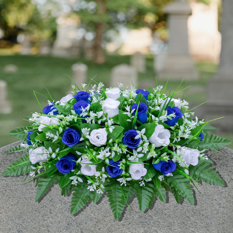 LVXINLI Artificial Cemetery Flowers Saddle-Shaped Tombstone Decorations Non-Fading UV-Resistantï¼ˆBlue+White Saddle ï¼‰ - Image 5