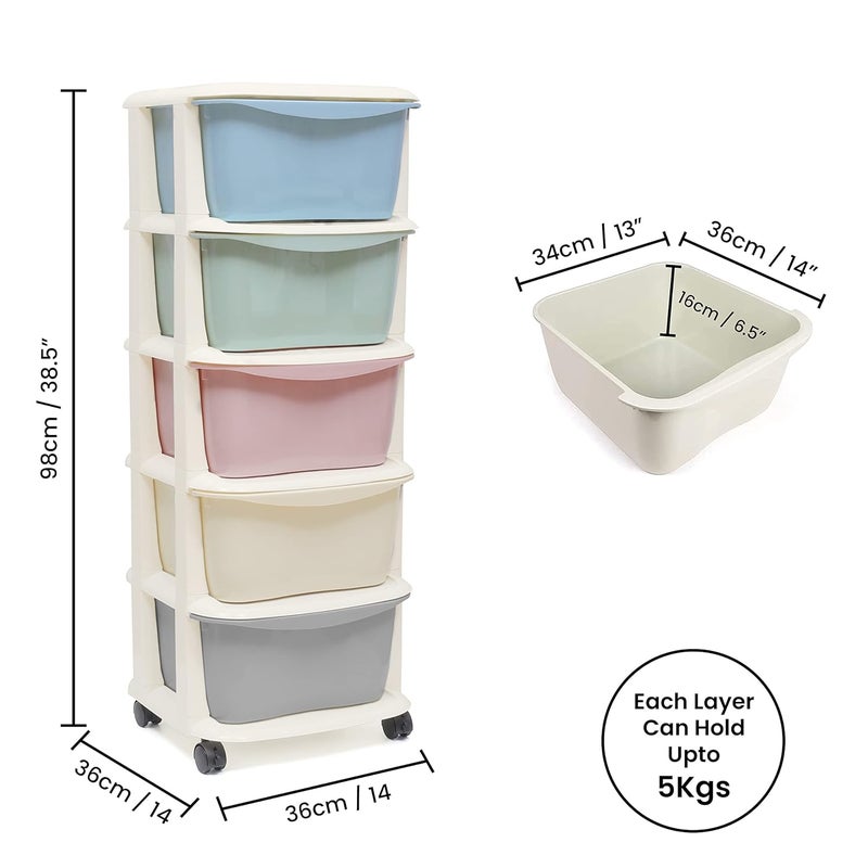 ABOUT SPACE نظام درج متعدد الطبقات 5 عن الفضاء خزانة بلاستيكية متعددة الاستخدامات مع رفوف قابلة للإزالة وعجلات دوارة للمنزل والمطبخ وغرفة المعيشة وغرفة النوم L 36 × B 36 × H 98 سم متعدد الألوان - Image 3