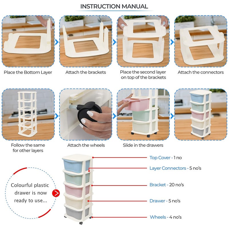 ABOUT SPACE نظام درج متعدد الطبقات 5 عن الفضاء خزانة بلاستيكية متعددة الاستخدامات مع رفوف قابلة للإزالة وعجلات دوارة للمنزل والمطبخ وغرفة المعيشة وغرفة النوم L 36 × B 36 × H 98 سم متعدد الألوان - Image 4