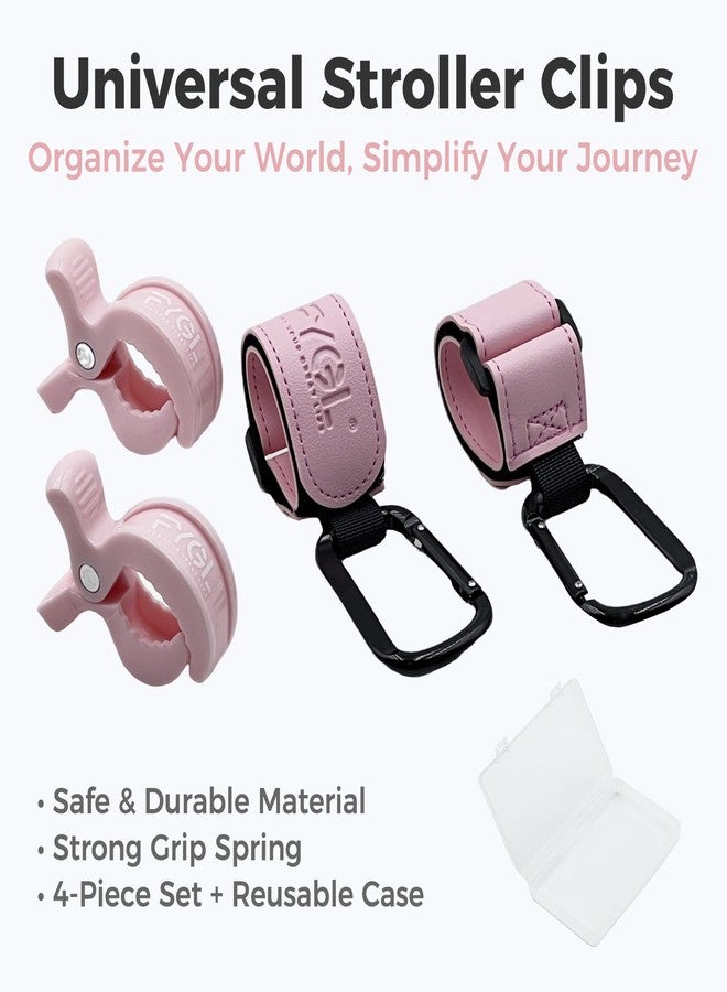 FYGL 4-Pack Stroller Organizer: 2 Universal Pram Clips with 2 Stroller Hooks | Convenient Travel & Shopping Essentials for Baby Carriage - Light Pink - Image 2