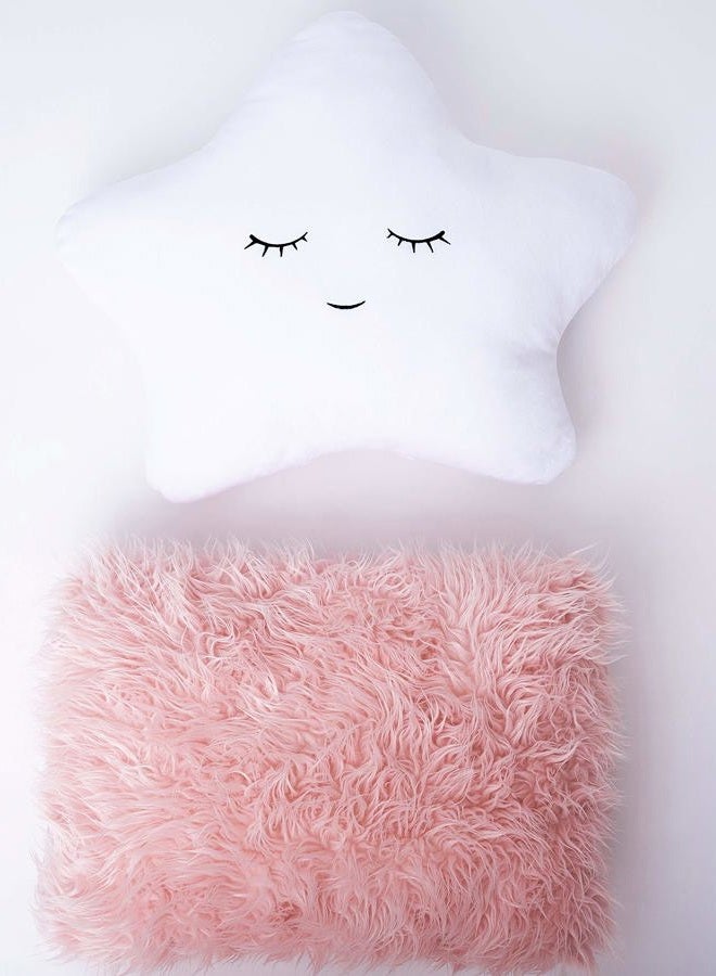 Perfectto Design Set of 2 Decorative Throw Pillows for Baby Girls, Kids. Star Furry White w/Cute Embroidered Sleeping Face and Fluffy Pink Faux Fur, Soft and Plush - For Crib - Nursery Toddler or Teen Bedroom Décor - Image 5