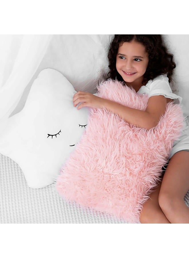 Perfectto Design Set of 2 Decorative Throw Pillows for Baby Girls, Kids. Star Furry White w/Cute Embroidered Sleeping Face and Fluffy Pink Faux Fur, Soft and Plush - For Crib - Nursery Toddler or Teen Bedroom Décor - Image 1