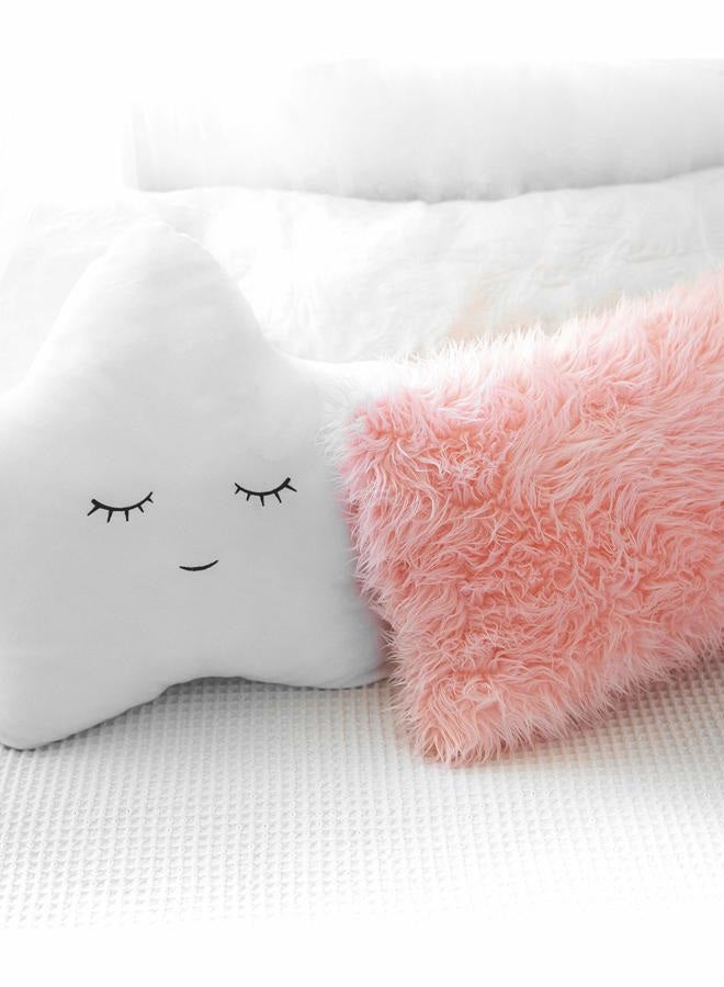 Perfectto Design Set of 2 Decorative Throw Pillows for Baby Girls, Kids. Star Furry White w/Cute Embroidered Sleeping Face and Fluffy Pink Faux Fur, Soft and Plush - For Crib - Nursery Toddler or Teen Bedroom Décor - Image 2