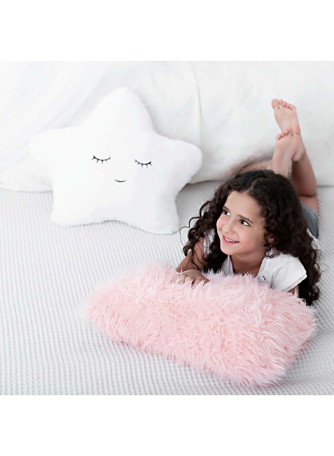 Perfectto Design Set of 2 Decorative Throw Pillows for Baby Girls, Kids. Star Furry White w/Cute Embroidered Sleeping Face and Fluffy Pink Faux Fur, Soft and Plush - For Crib - Nursery Toddler or Teen Bedroom Décor - Image 4
