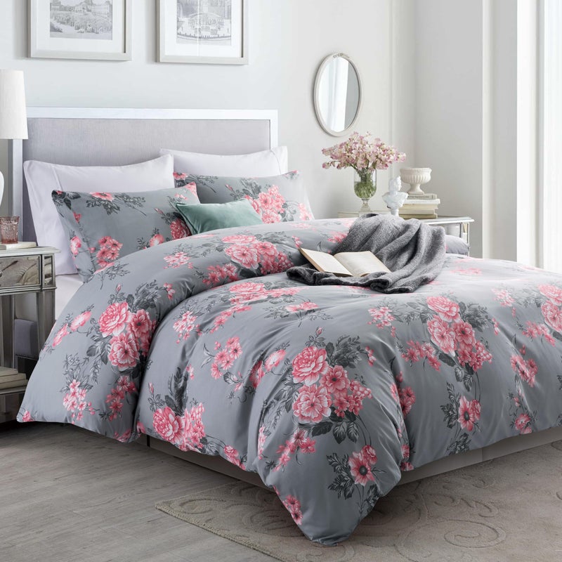 MOONLIGHT20015 Double Duvet Set 3 Piece – Grey Bouquet Bedding Set, Hypoallergenic Brushed Microfiber Quilt Cover, with 2 Pillowcases - Image 1