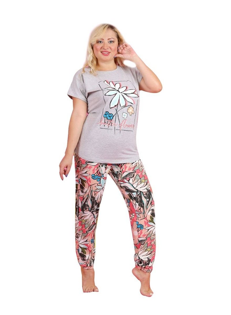 جنة بيجامة نسائية بأكمام قصيره وبنطلون طويل صيفيه مصنوعه من القطن مقاسات كبيره