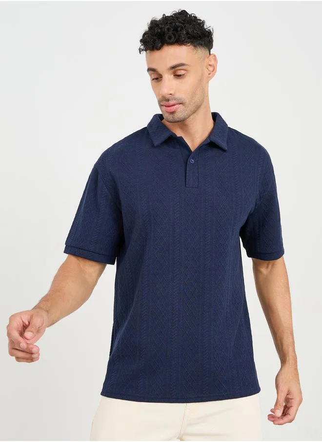 Styli Premium Cable Textured Knit Revere Collar Oversized Polo