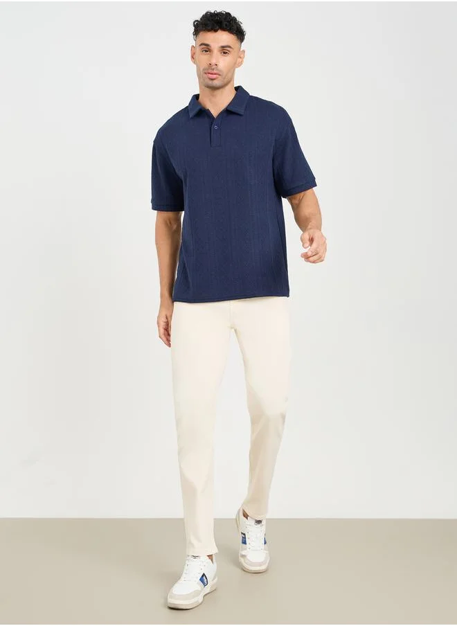 Styli Premium Cable Textured Knit Revere Collar Oversized Polo