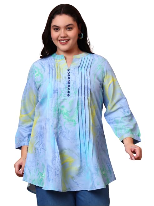 Yash Gallery Women’s Polyester Marble Print Short Kurti Mandarin Collar with Pintuck Pleats 3/4th Sleeve (Blue) - Image 1