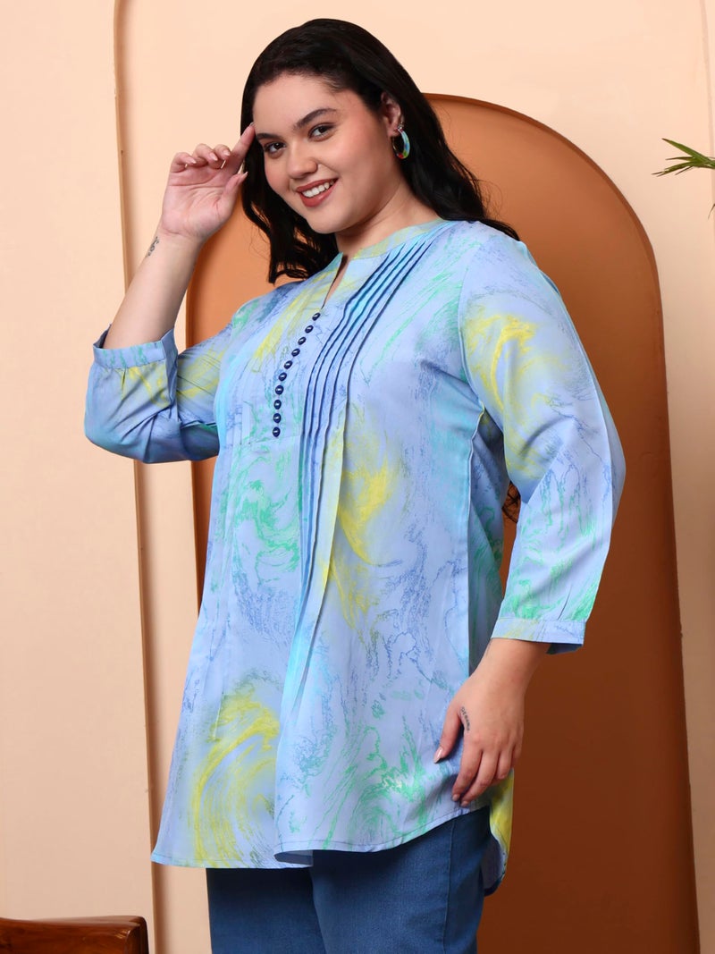 Yash Gallery Women’s Polyester Marble Print Short Kurti Mandarin Collar with Pintuck Pleats 3/4th Sleeve (Blue) - Image 4