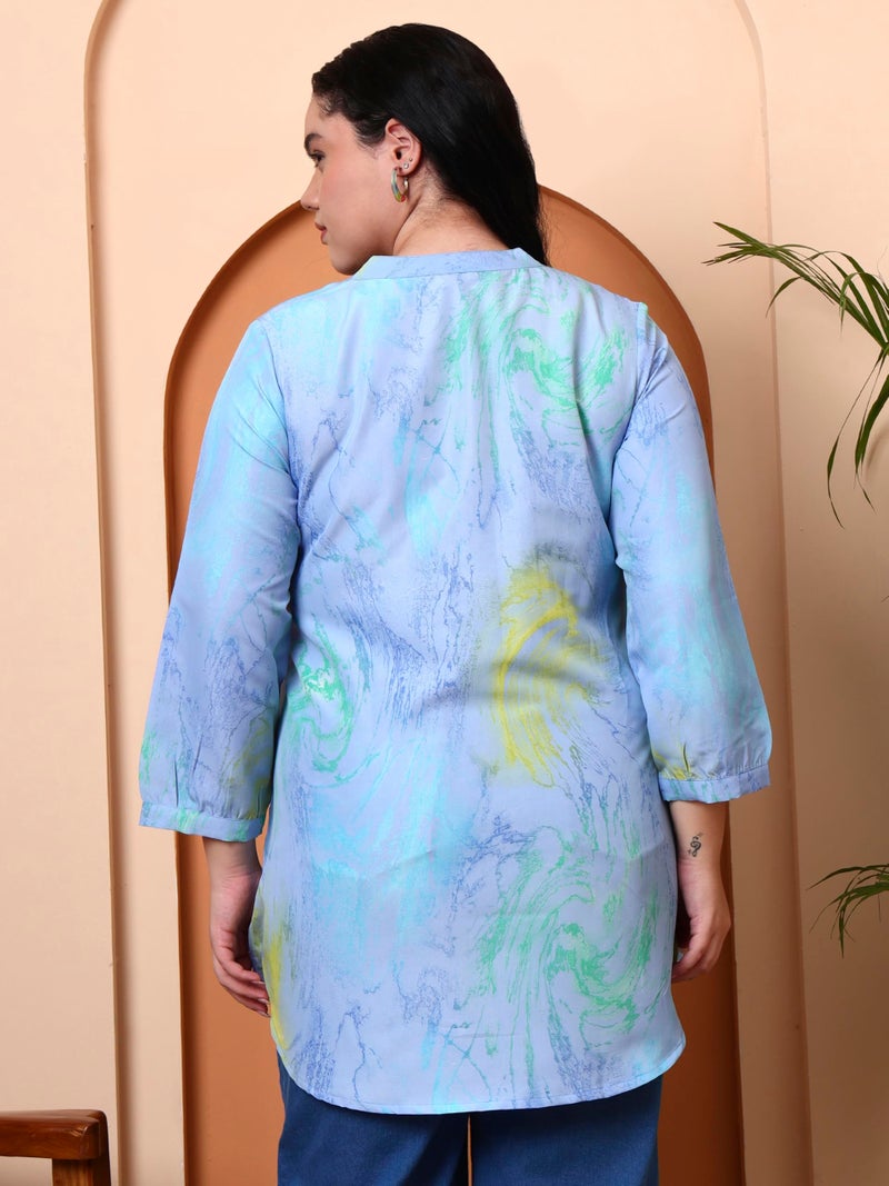 Yash Gallery Women’s Polyester Marble Print Short Kurti Mandarin Collar with Pintuck Pleats 3/4th Sleeve (Blue) - Image 5